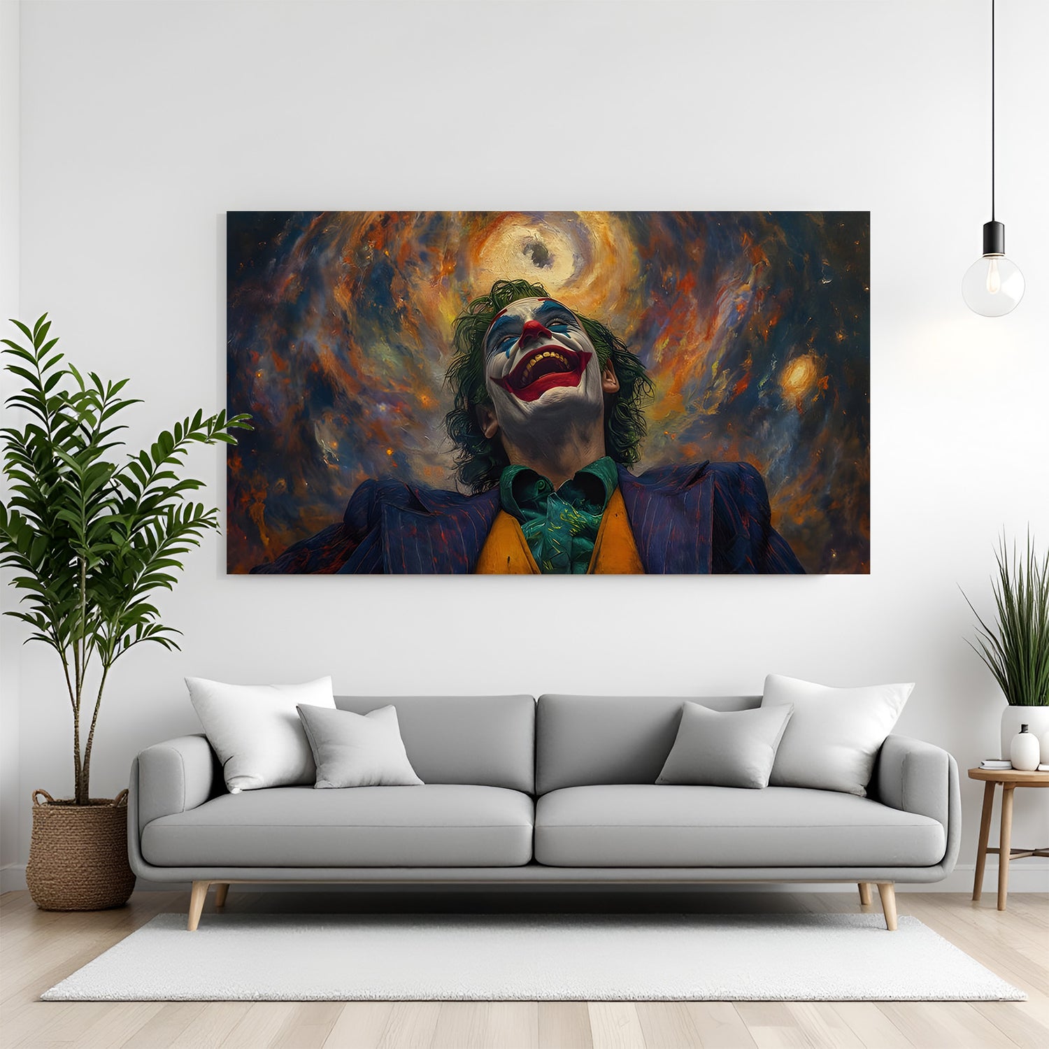 Joker devil laugh canvas wall art in wrapped frame with dark cinematic lighting and intense expression