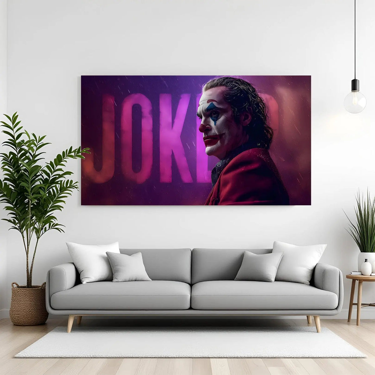 Joker emotional portrait canvas wall art with Joker text background in premium canvas wrapped frame