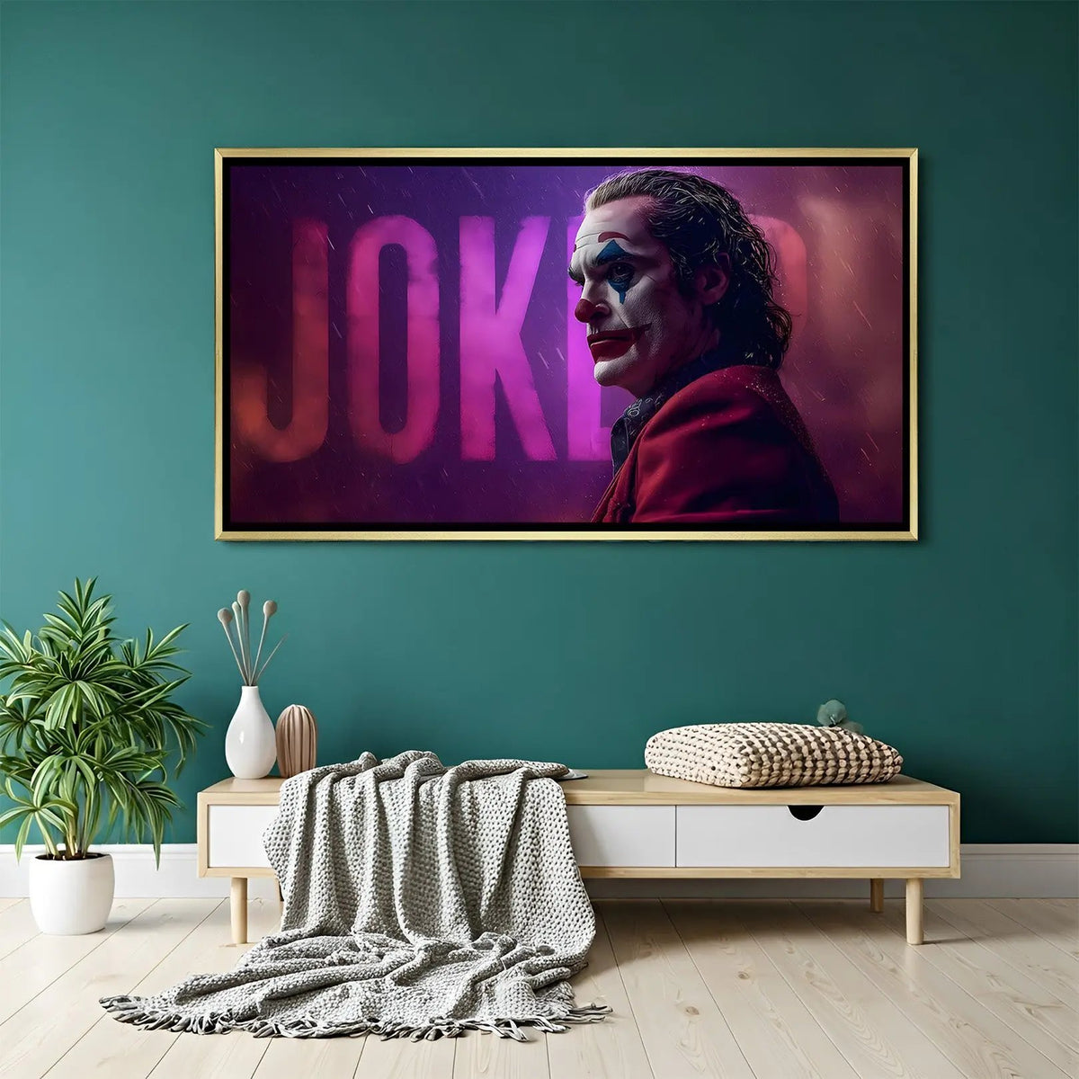 Joker emotional artwork with Joker lettering background in luxury golden floater frame