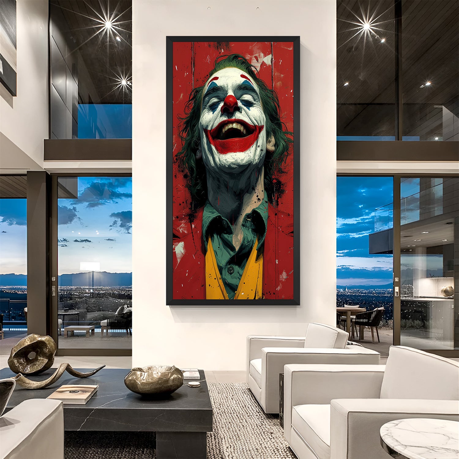 Framed Joker modern art in black floater frame, ideal for game rooms, media spaces, or bold wall decor with comic-inspired dramatic aesthetics