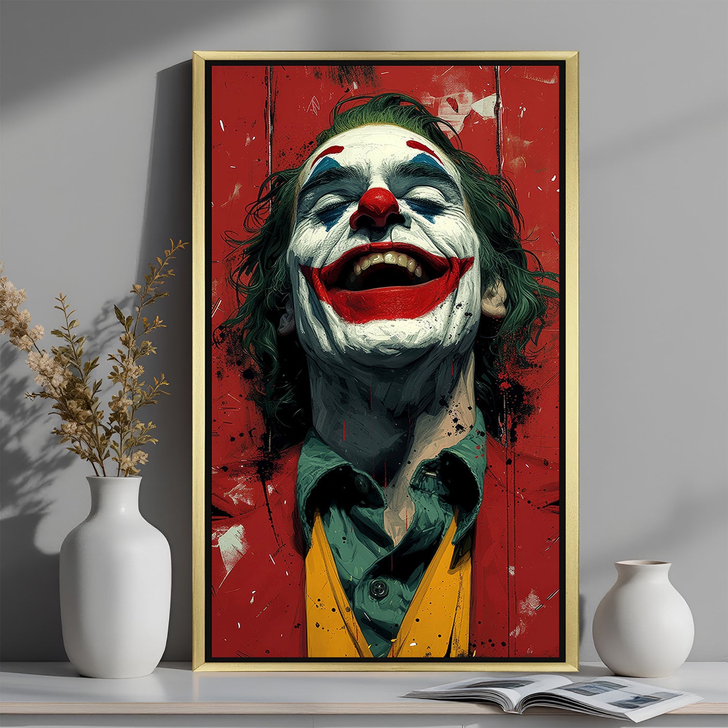 Golden-framed modern Joker canvas artwork, bringing a mix of rebellion, emotion, and iconic villain energy to premium, artistic interiors