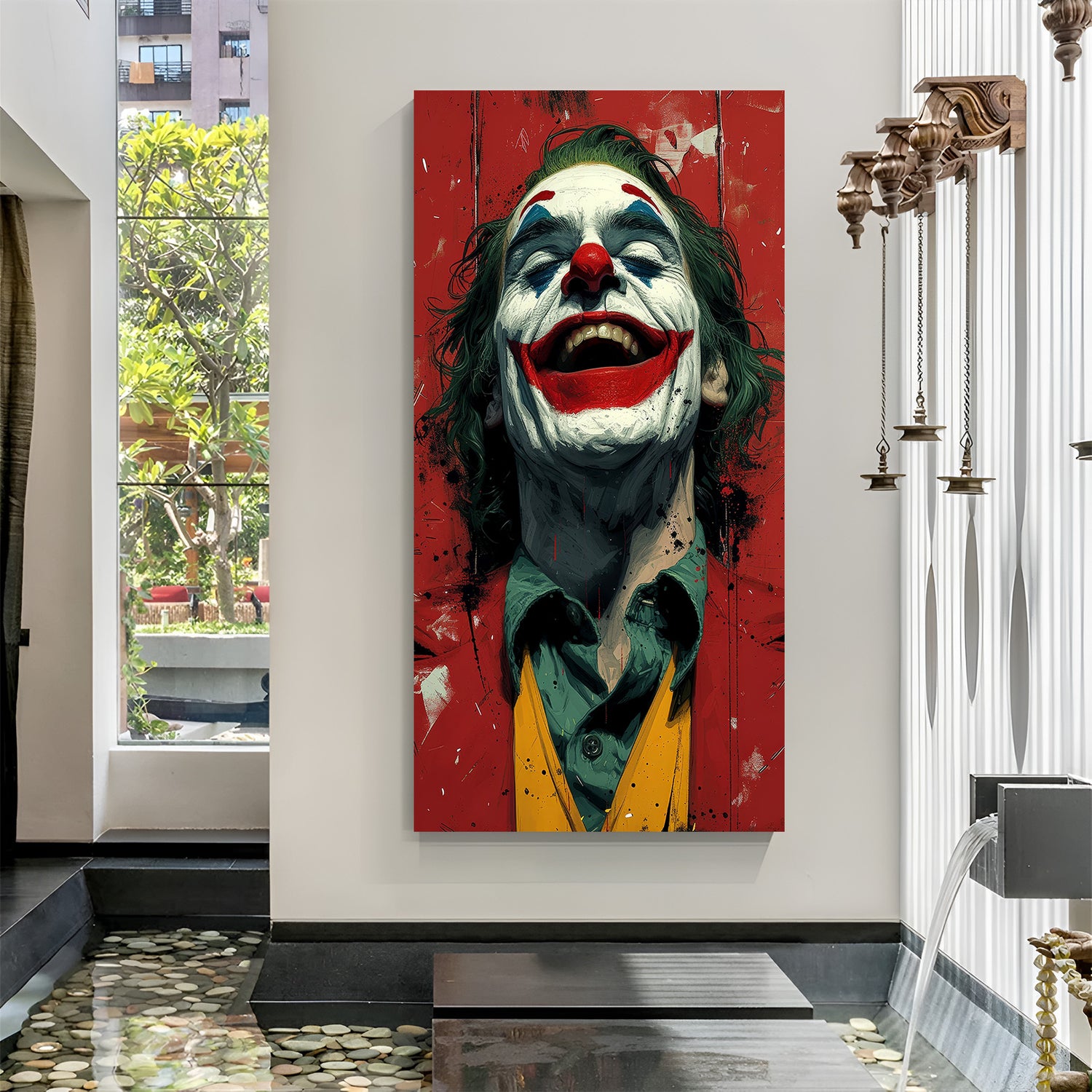 Modern canvas art featuring the Joker’s expressive face in dramatic painted style—perfect for dark, edgy interiors with character and cinematic mood