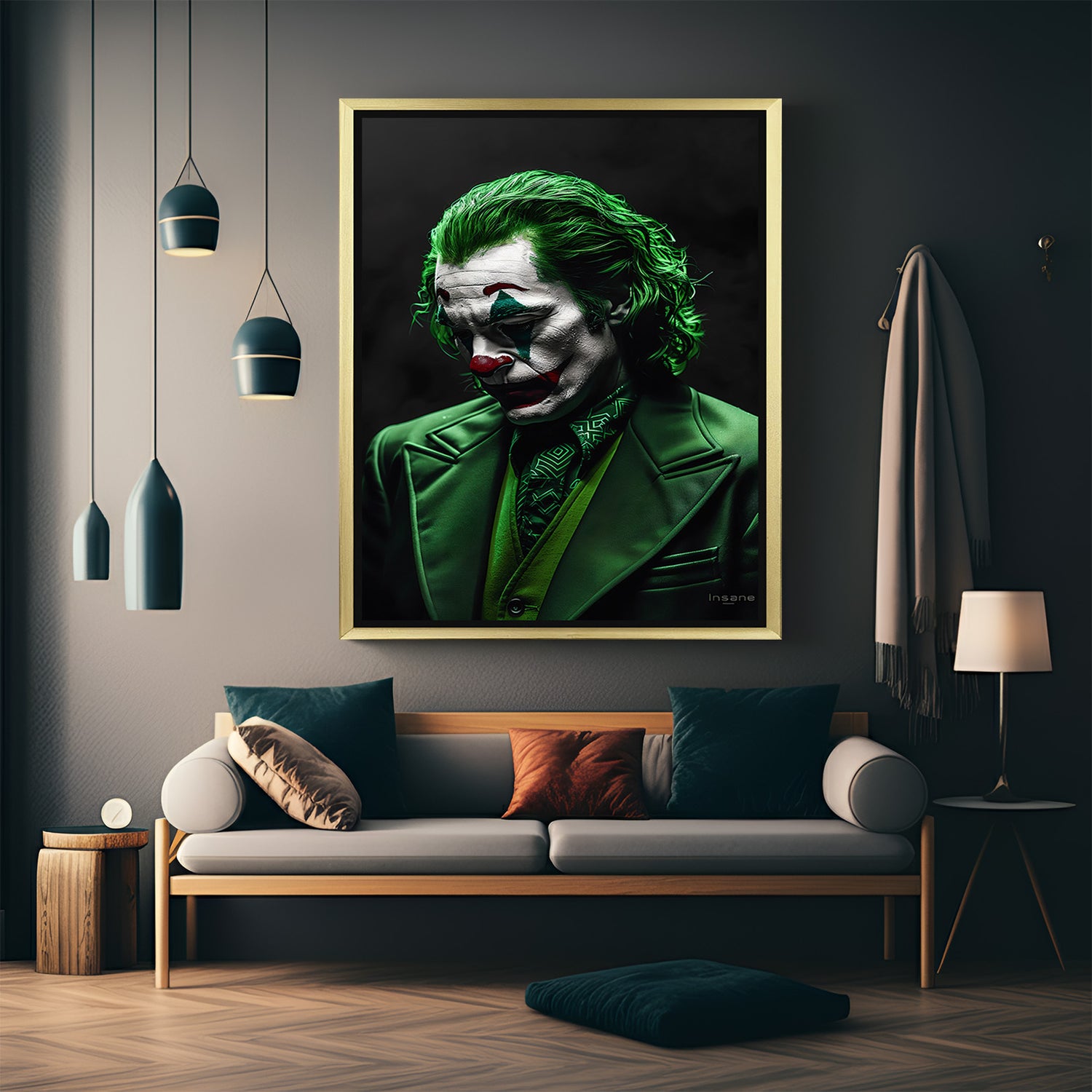 Golden frame canvas featuring the Joker in a green suit with a somber mood, high-contrast modern art ideal for stylish pop culture decor