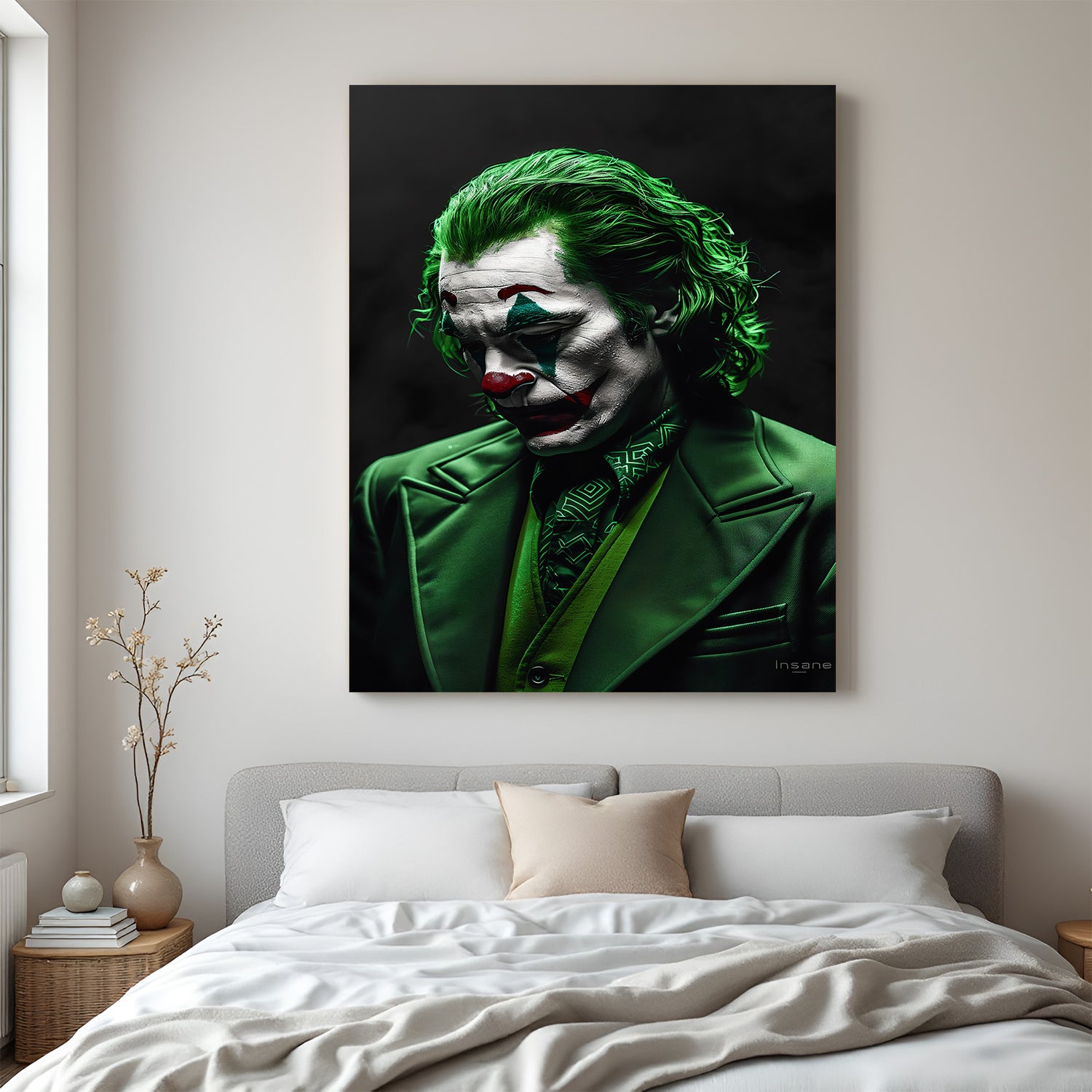 Joker in green suit with a sad expression on black canvas background, emotional modern wall art for cinematic and dramatic decor lovers