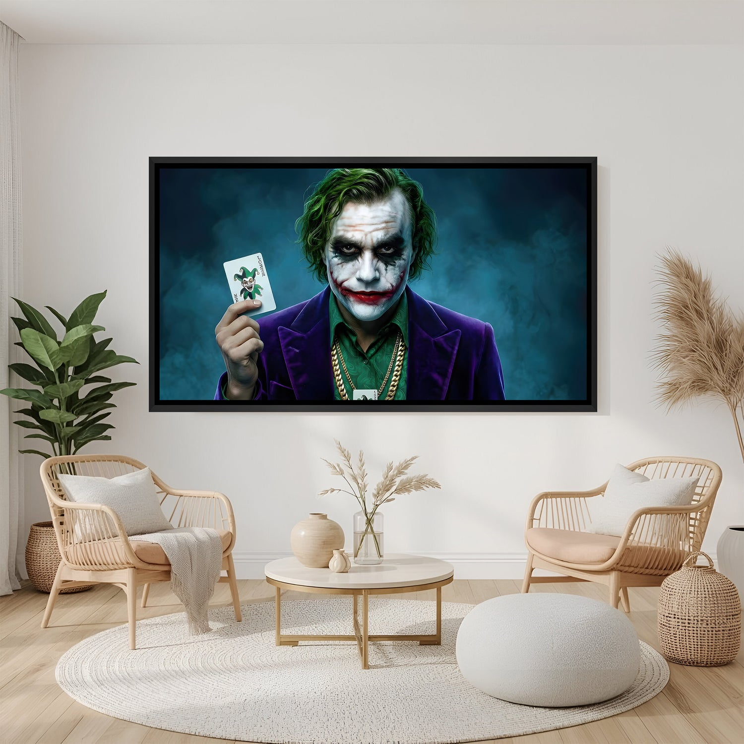 Joker holding playing card wall art in black floater frame with dramatic lighting and villain theme