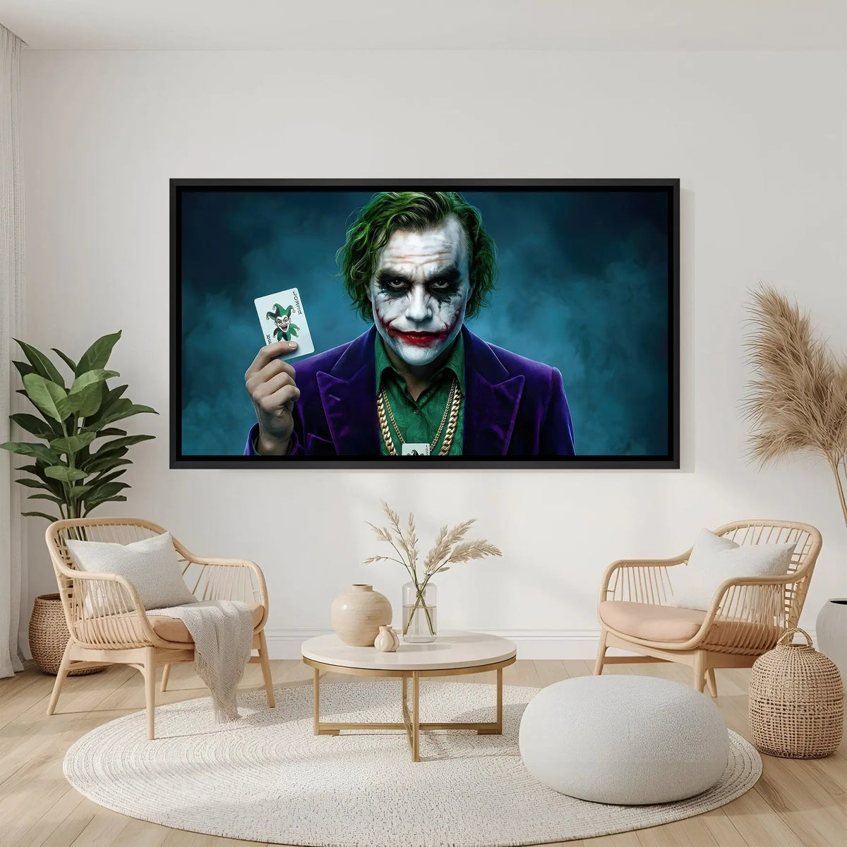 Joker holding playing card wall art in black floater frame with dramatic lighting and villain theme