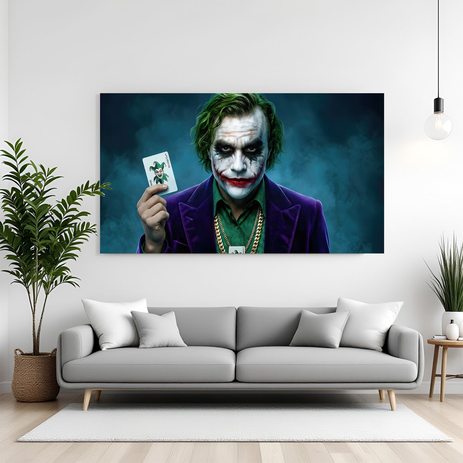 Joker holding Joker card canvas wall art in wrapped frame with dark cinematic villain aesthetic