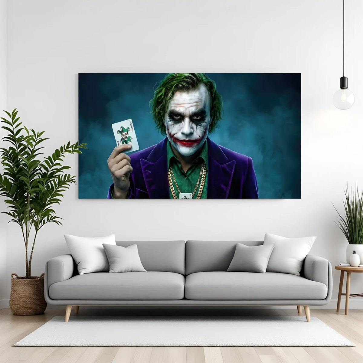 Joker holding Joker card canvas wall art in wrapped frame with dark cinematic villain aesthetic