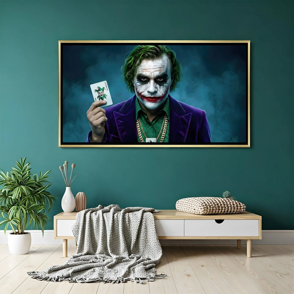 Joker card artwork in premium golden floater frame featuring iconic villain-inspired design