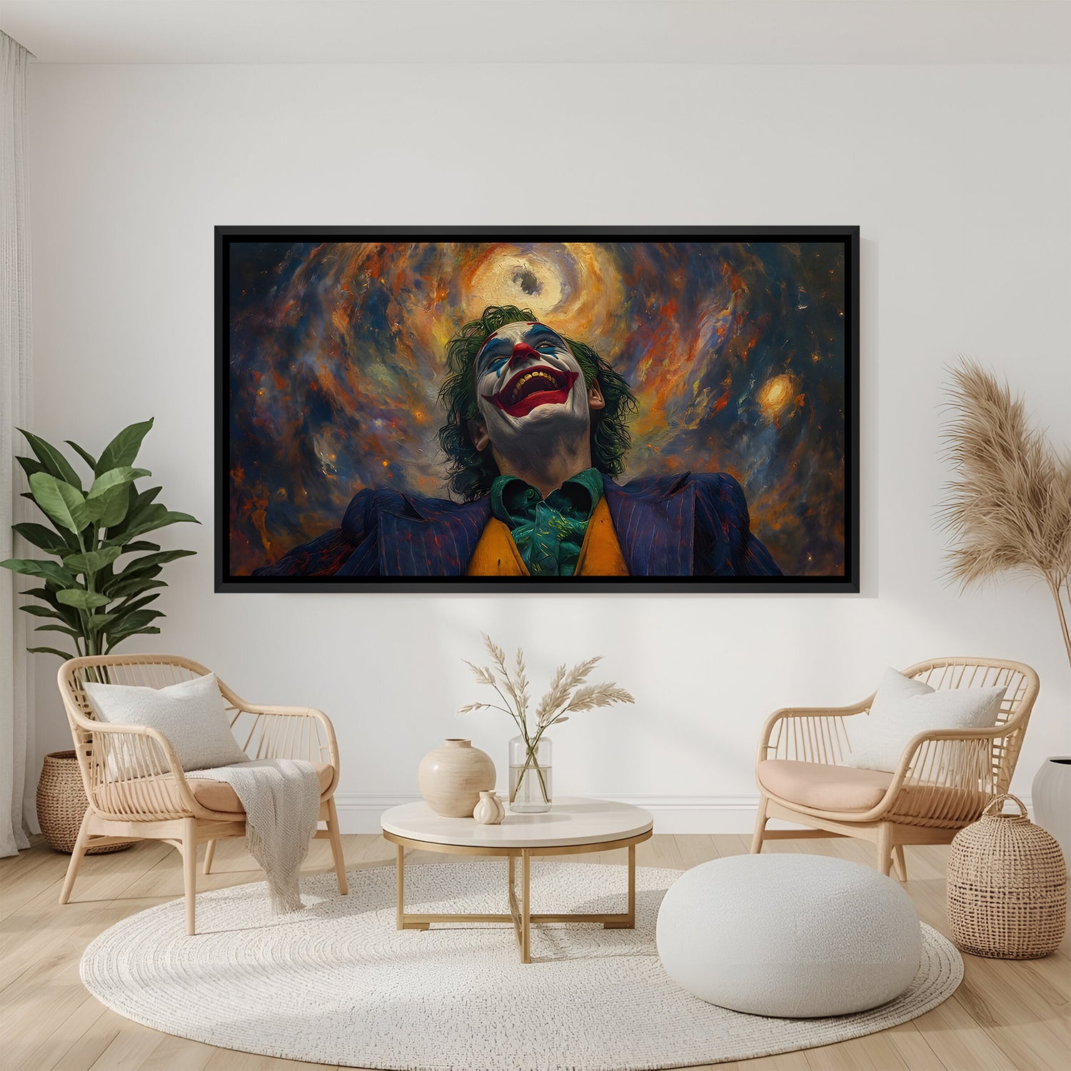 Joker sinister laugh wall painting in black floater frame with moody Gotham style background
