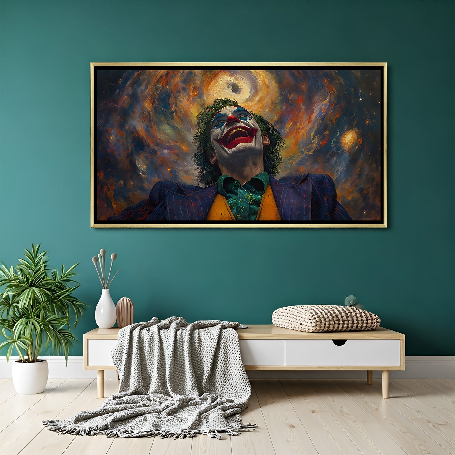Joker chaotic smile artwork in luxury golden floater frame with dramatic dark contrast design