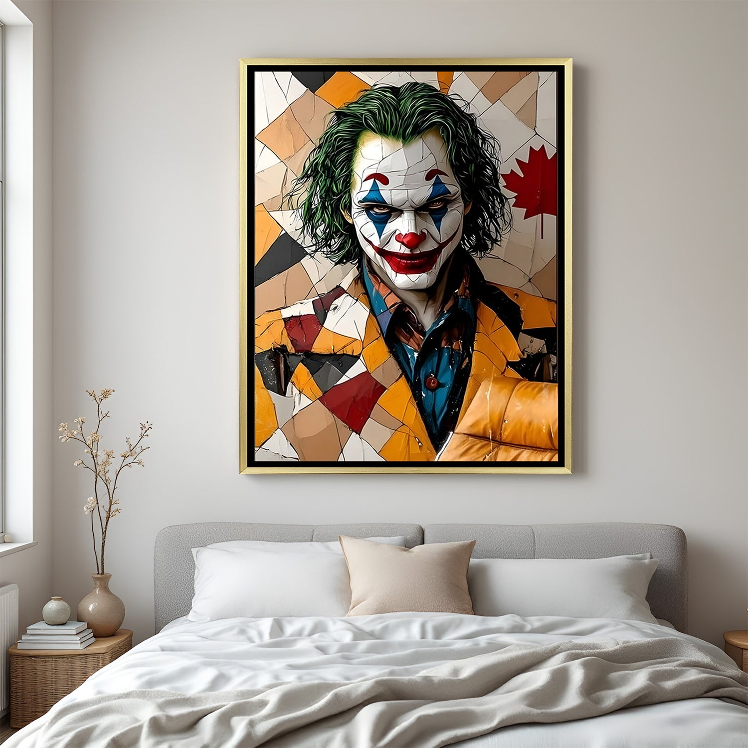 Joker wall art in luxury golden floater frame with colorful cinematic villain design