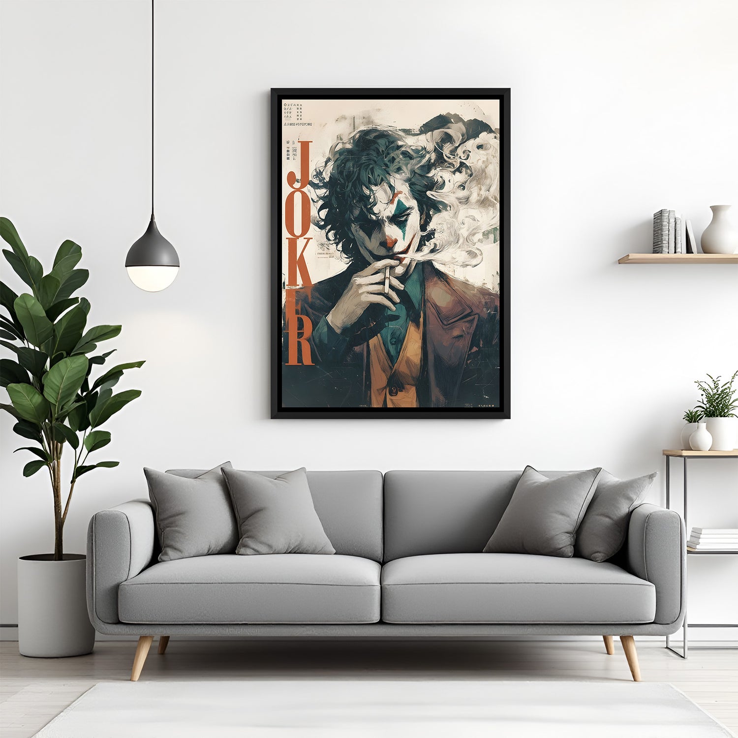 Modern joker-inspired portrait artwork displayed in sleek black floater frame for contemporary bedroom décor