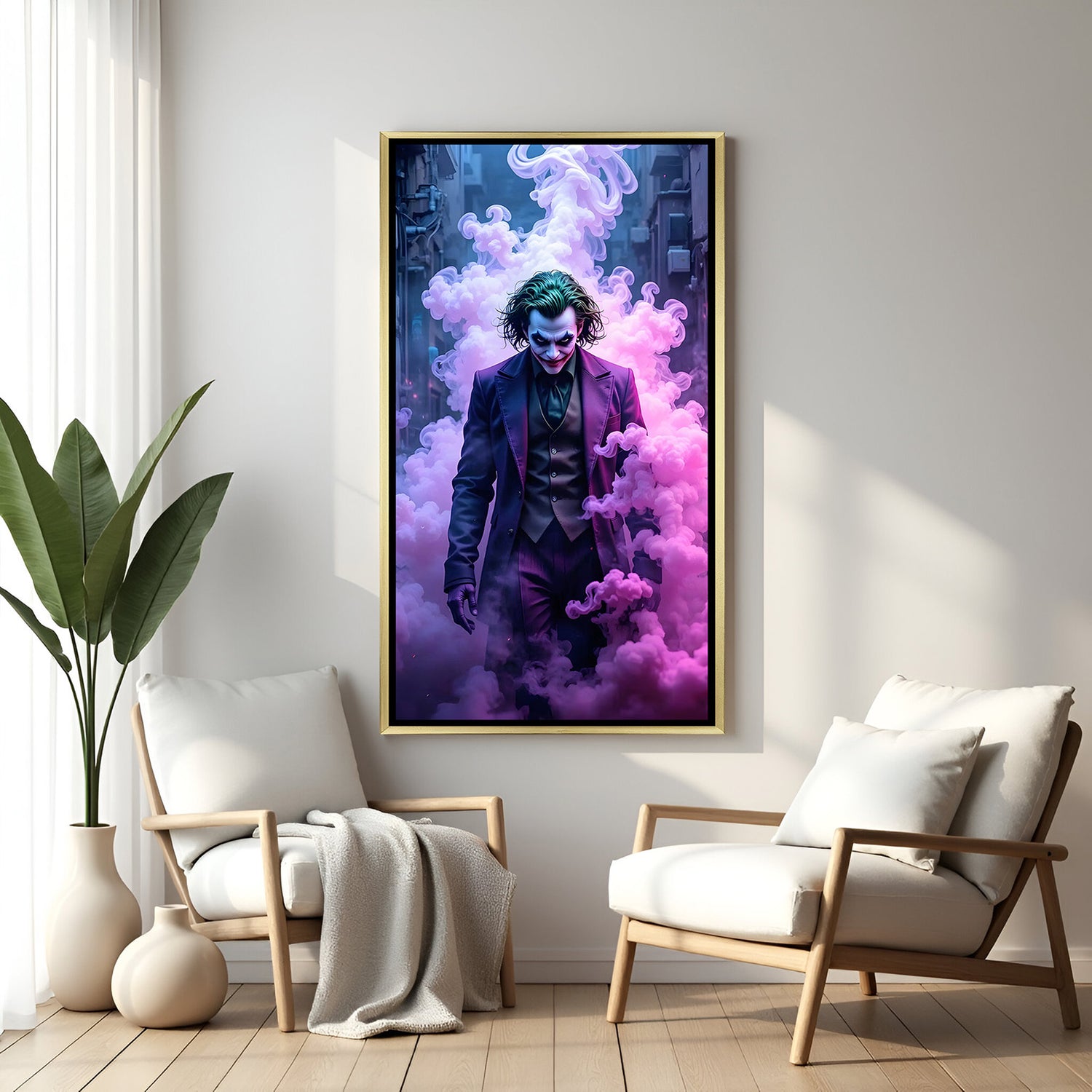 Joker wall art in luxury golden floater frame with purple smoke villain design