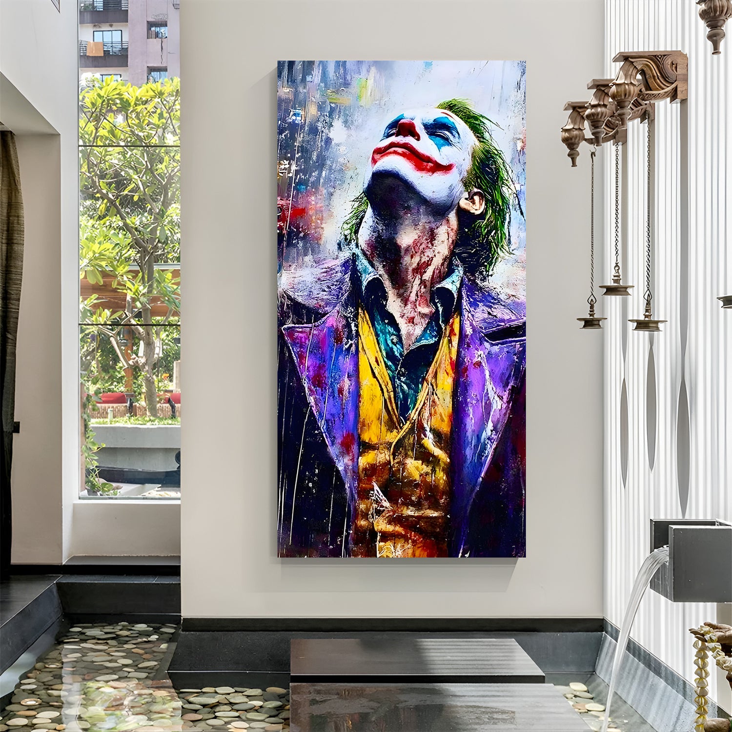 Joker Rainy Sky canvas painting with cinematic villain artwork in canvas wrapped frame