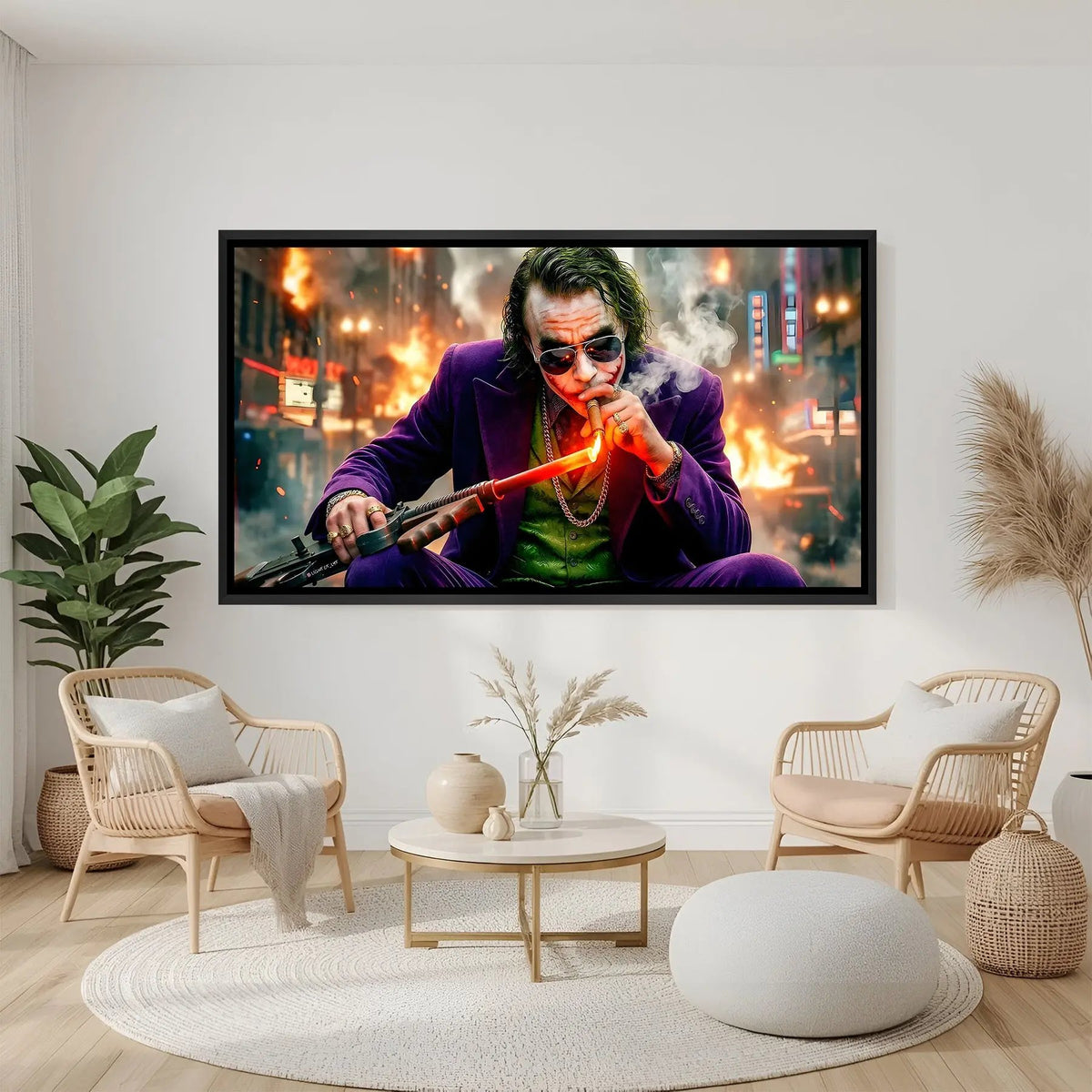 Joker seated smoking cigar wall art in elegant black floater frame with dramatic villain styling