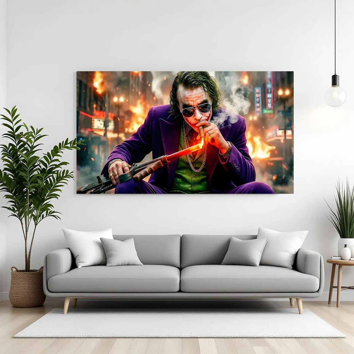 Joker sitting with cigar canvas wall art in premium wrapped frame with dark cinematic atmosphere