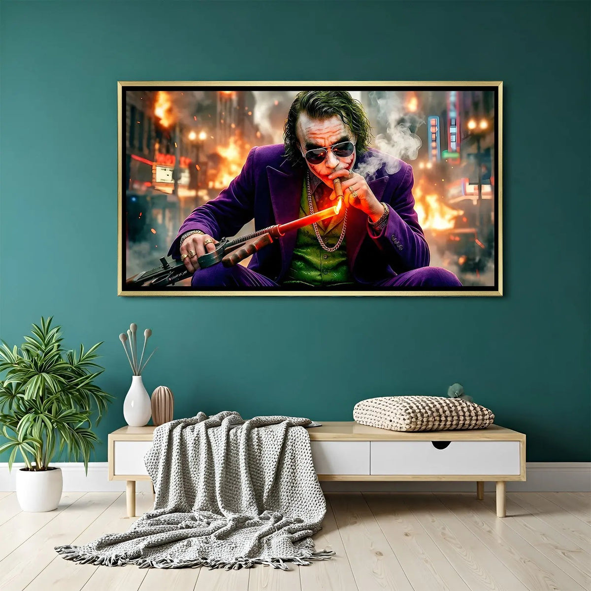 Joker cigar artwork in luxury golden floater frame featuring dark cinematic character design