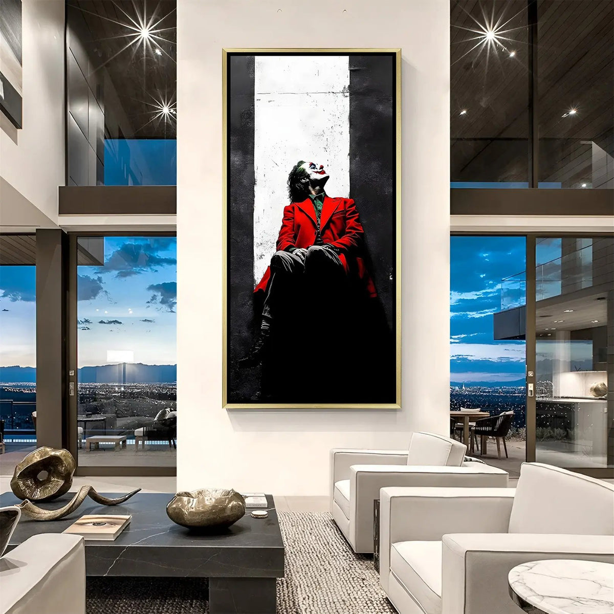 Joker Solitude Portrait artwork in luxury golden floater frame for contemporary interior decor