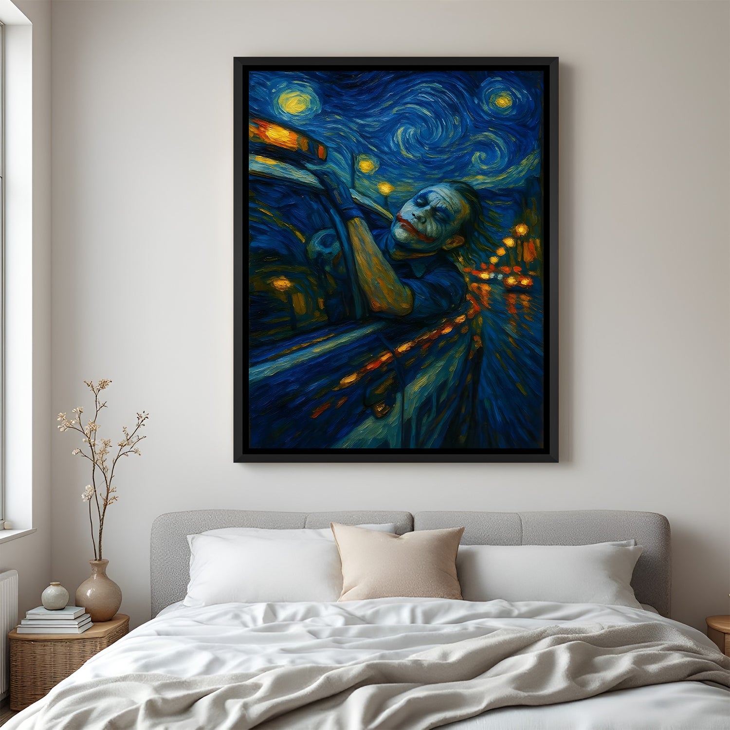 Joker Starry Night villain canvas artwork in premium black floater frame