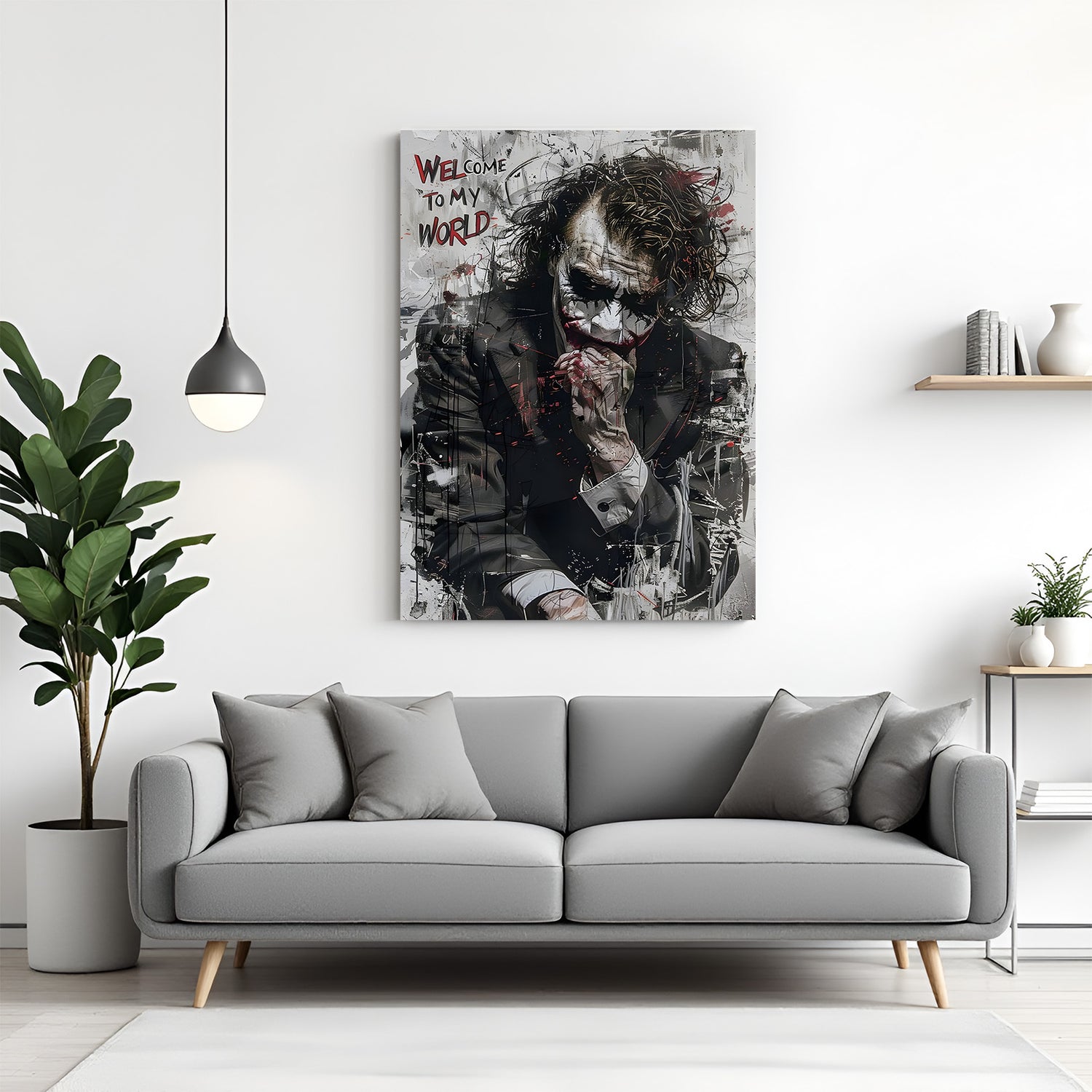 Joker Welcome To My World canvas painting with black and white villain artwork in canvas wrapped frame