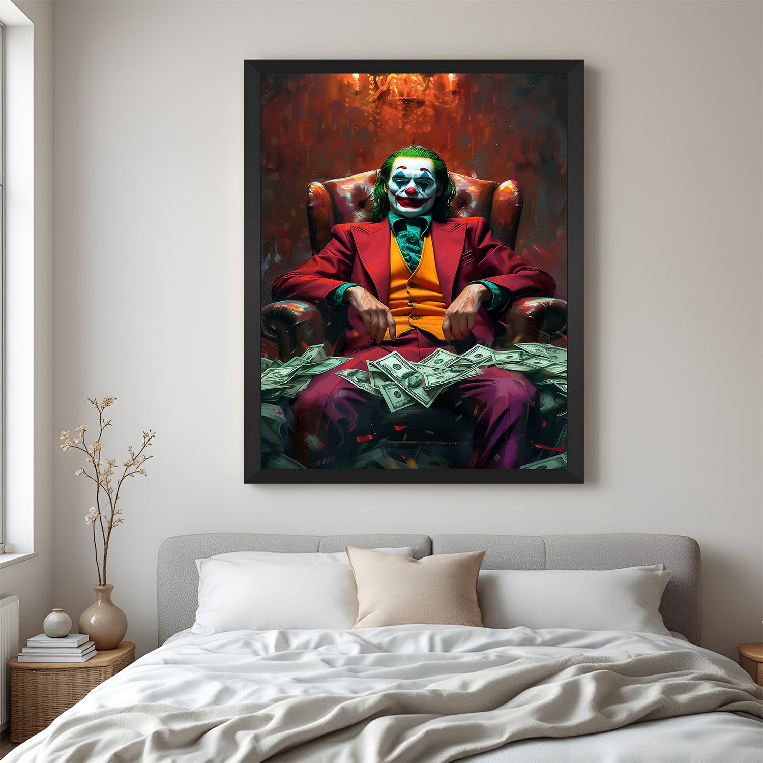 Black frame Joker modern canvas print with expressive brushstrokes and cash elements, great for cinematic wall art setups in modern interiors