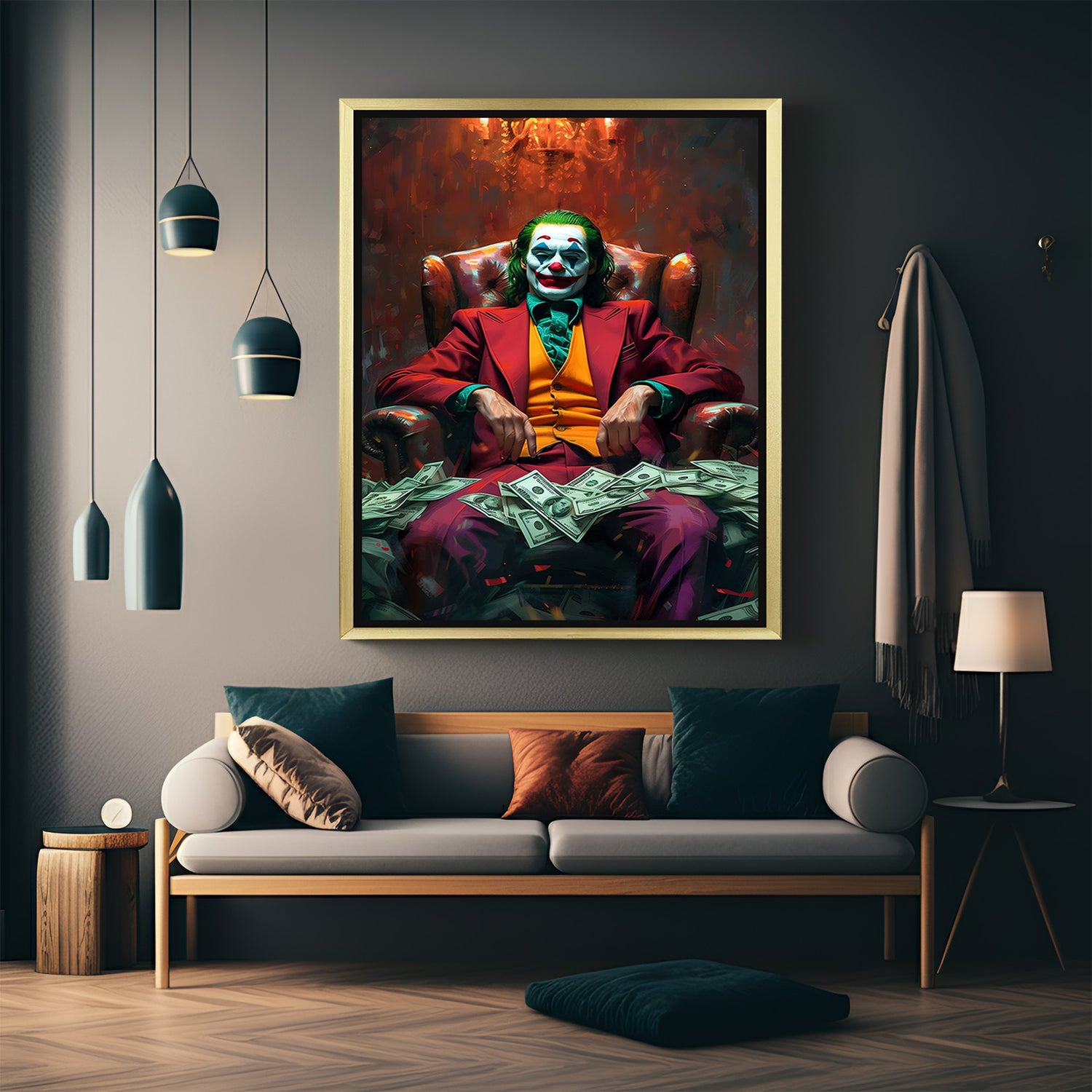 Golden frame version of Joker with money canvas in painted modern style, offering dramatic color and bold character focus—ideal for themed living or entertainment areas