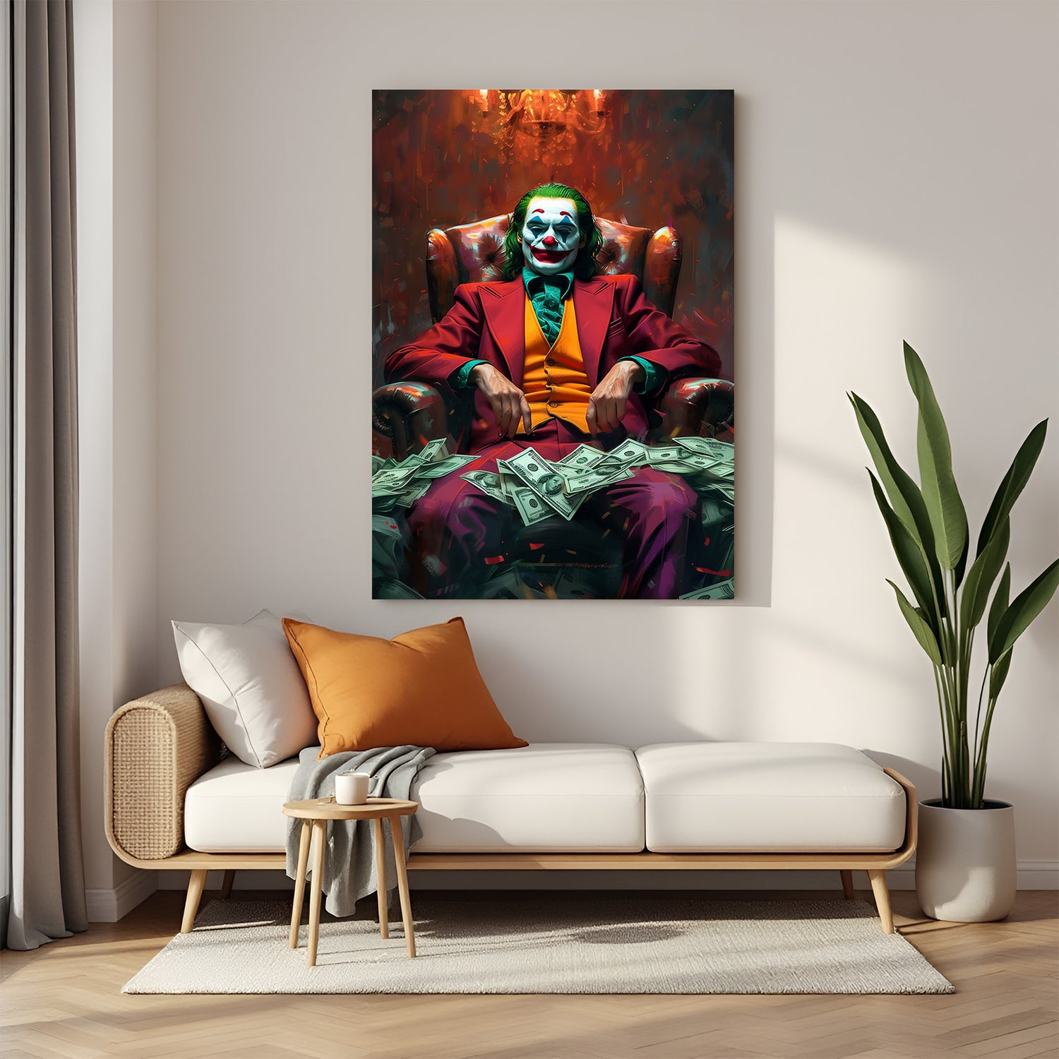 Modern art canvas of the Joker surrounded by flying money in a painted style, symbolizing rebellion, chaos, and psychological intensity—perfect wall decor for movie lovers