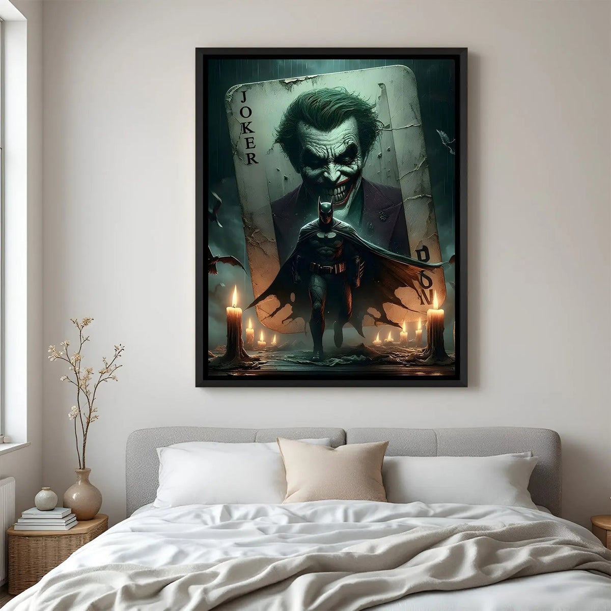 Dark Batman and Joker artwork with candles and dramatic lighting in elegant black floater frame