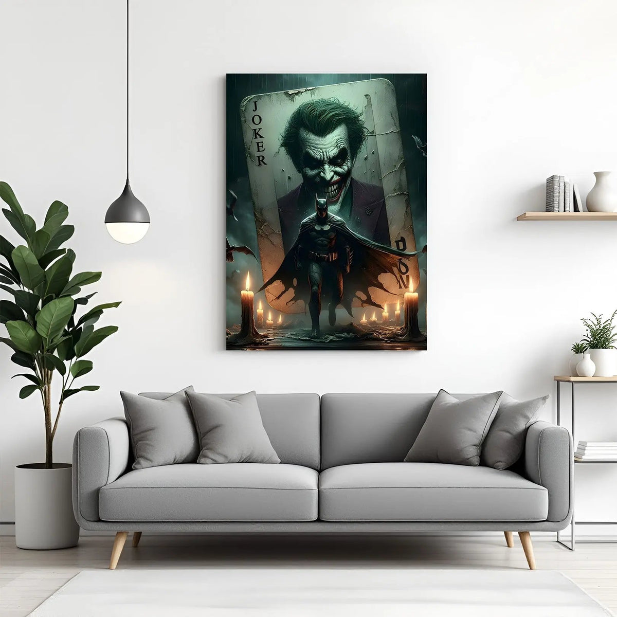 Batman walking through candlelight with a giant Joker card behind him featuring a sinister smile in premium canvas wrapped frame