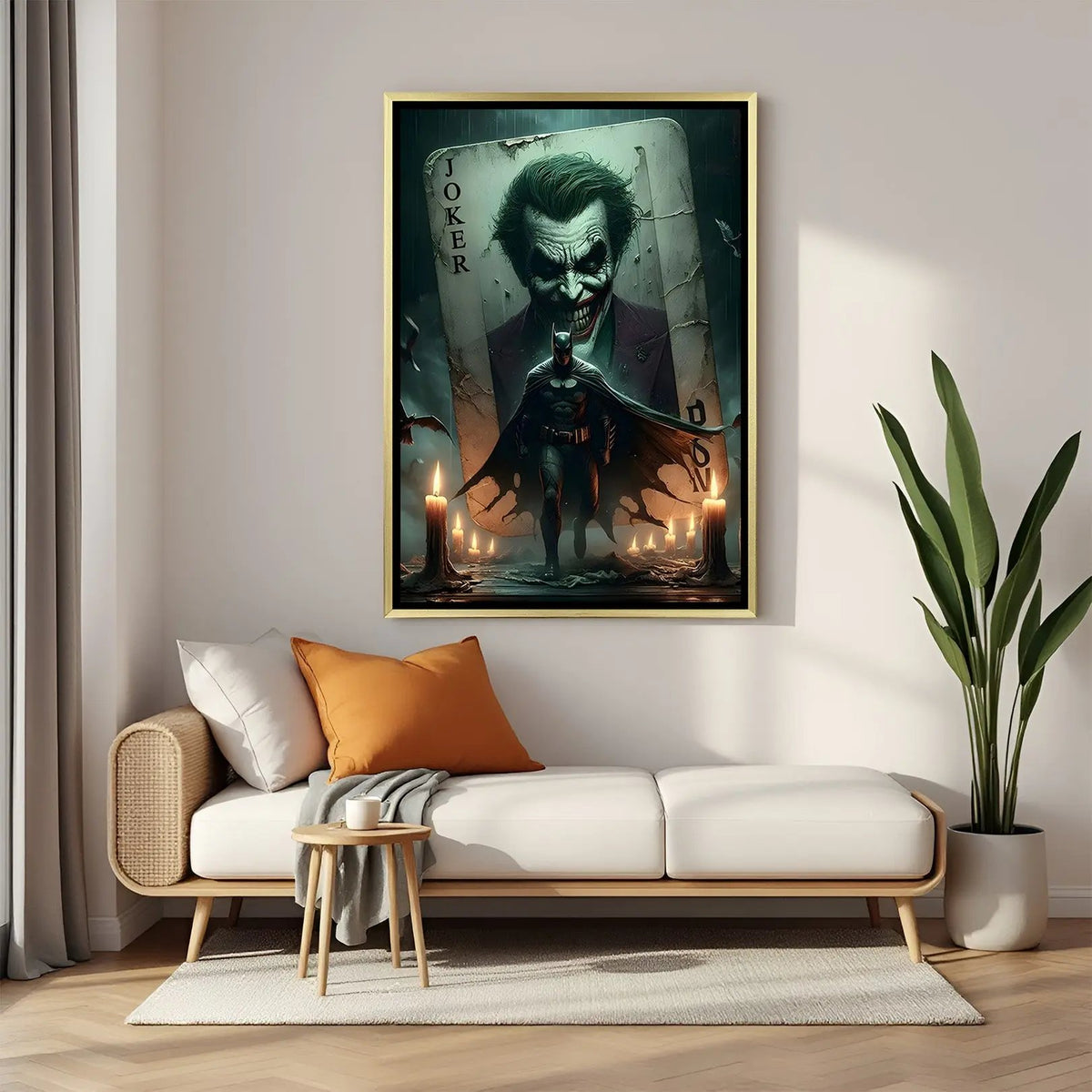 Joker’s Shadow Behind the Knight canvas wall art in luxury golden floater frame featuring Batman, candles, and a menacing Joker card backdrop