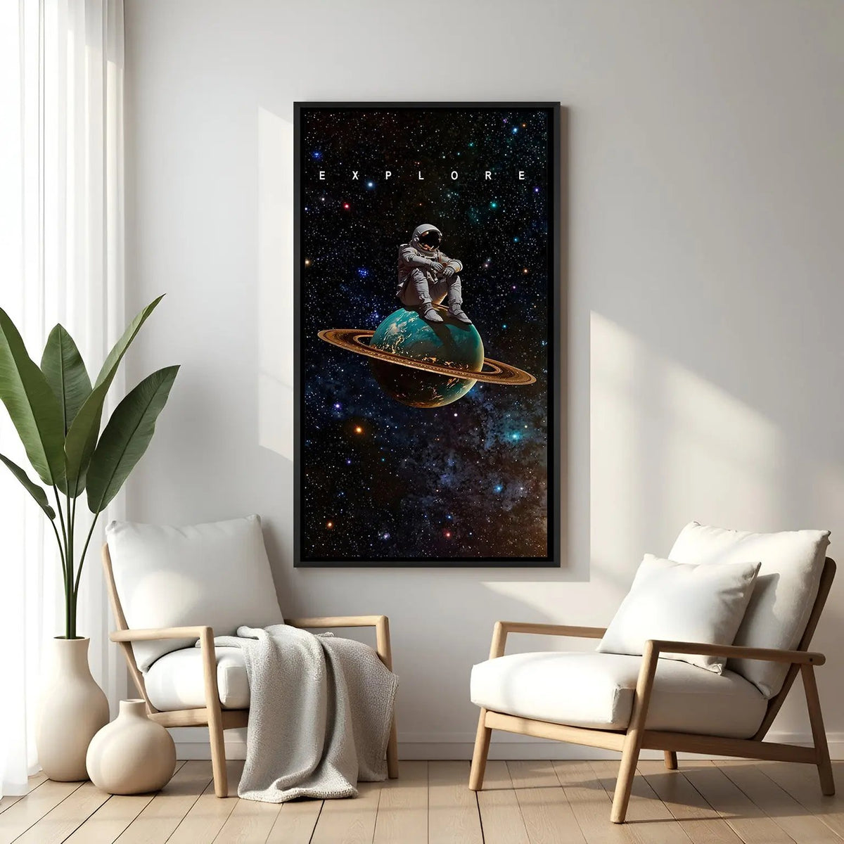 Explore space motivational wall art in elegant black floater frame featuring galaxy and celestial artwork