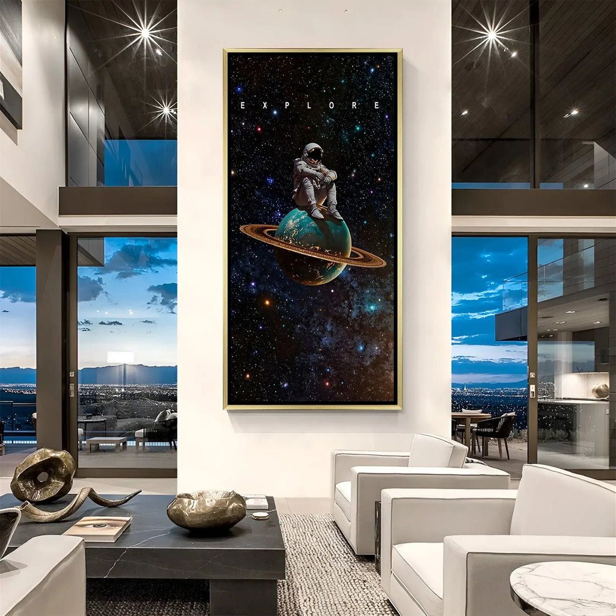 Luxury Explore space canvas artwork in golden floater frame with inspiring universe-themed design