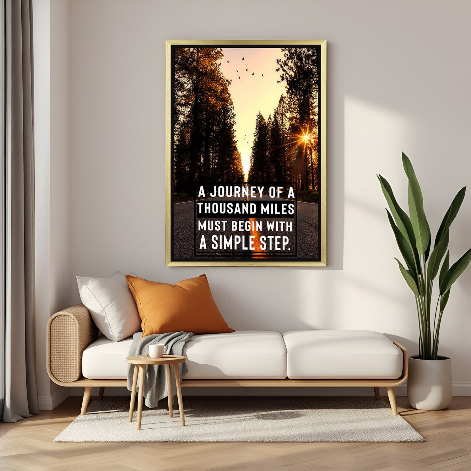 Motivational canvas wall art with golden floater frame featuring journey quote