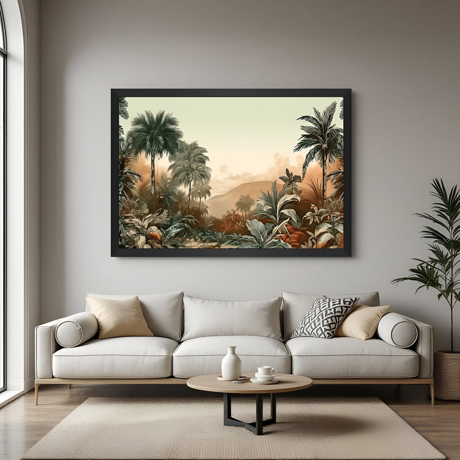 Jungle landscape canvas framed in black floater, bringing depth and lush green tones to modern and minimal interiors