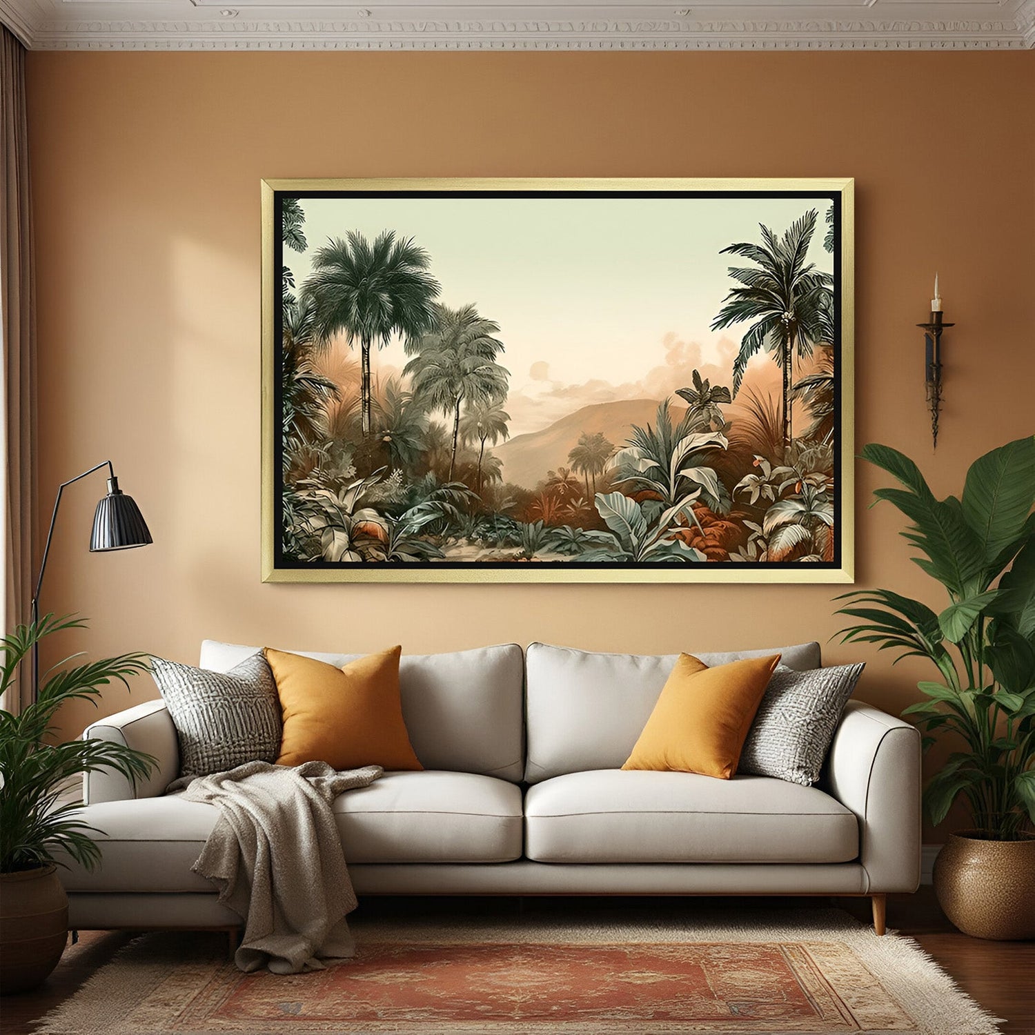 Forest canvas painting with golden floater frame, combining rich greenery and natural beauty for elegant jungle-themed wall decor