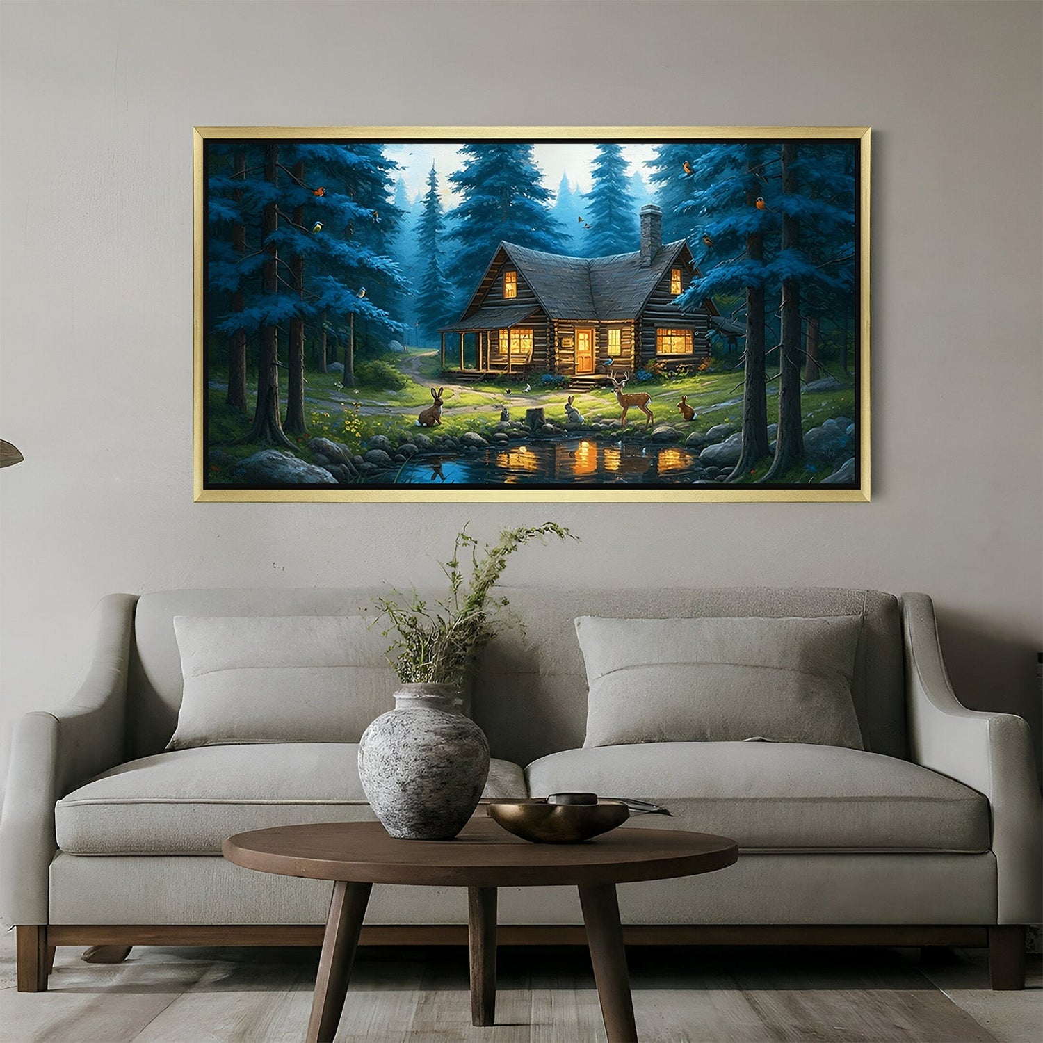 Canvas wall art of a jungle house with animals and water pond, framed in a golden floater for a luxurious touch of nature wall decor