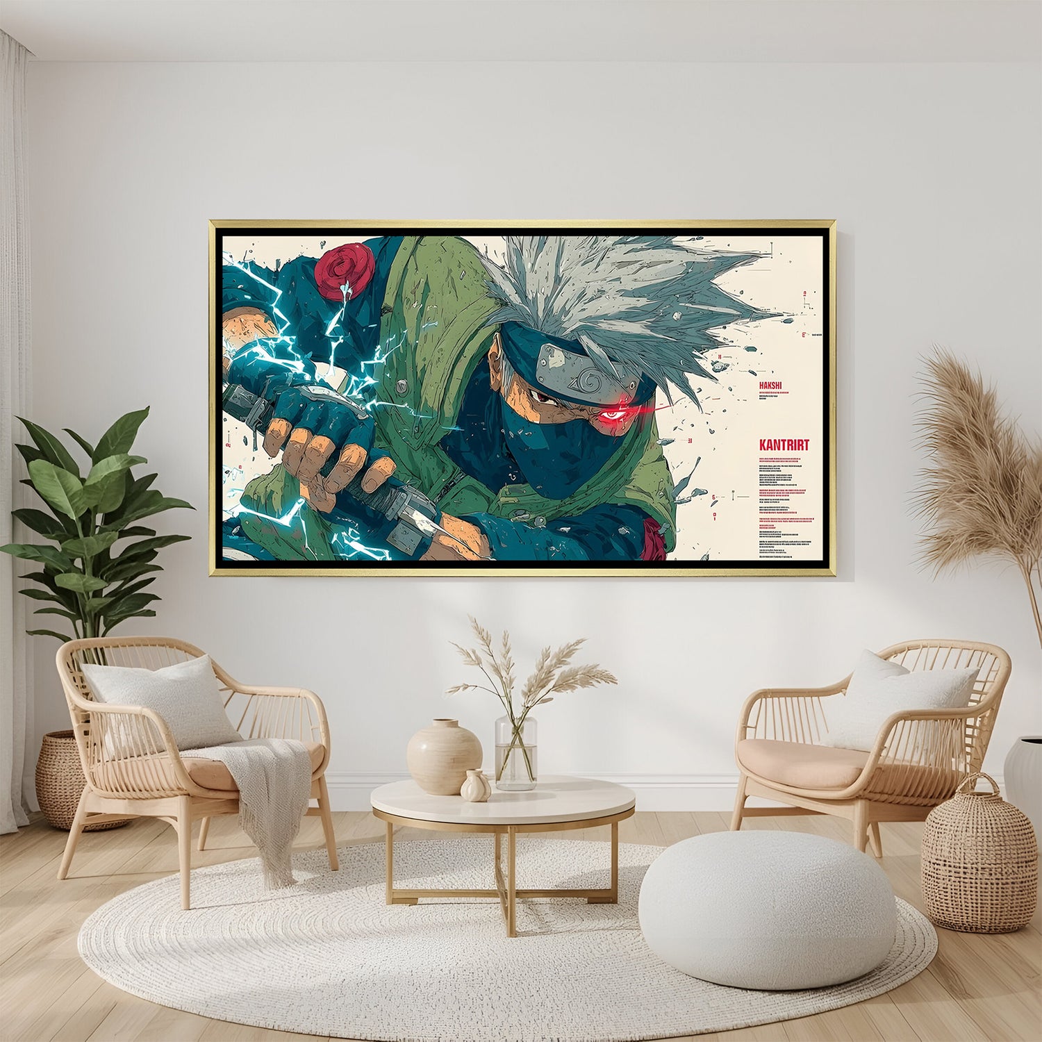 Kakashi Hatake Naruto wall art in luxury golden floater frame with Chidori anime design