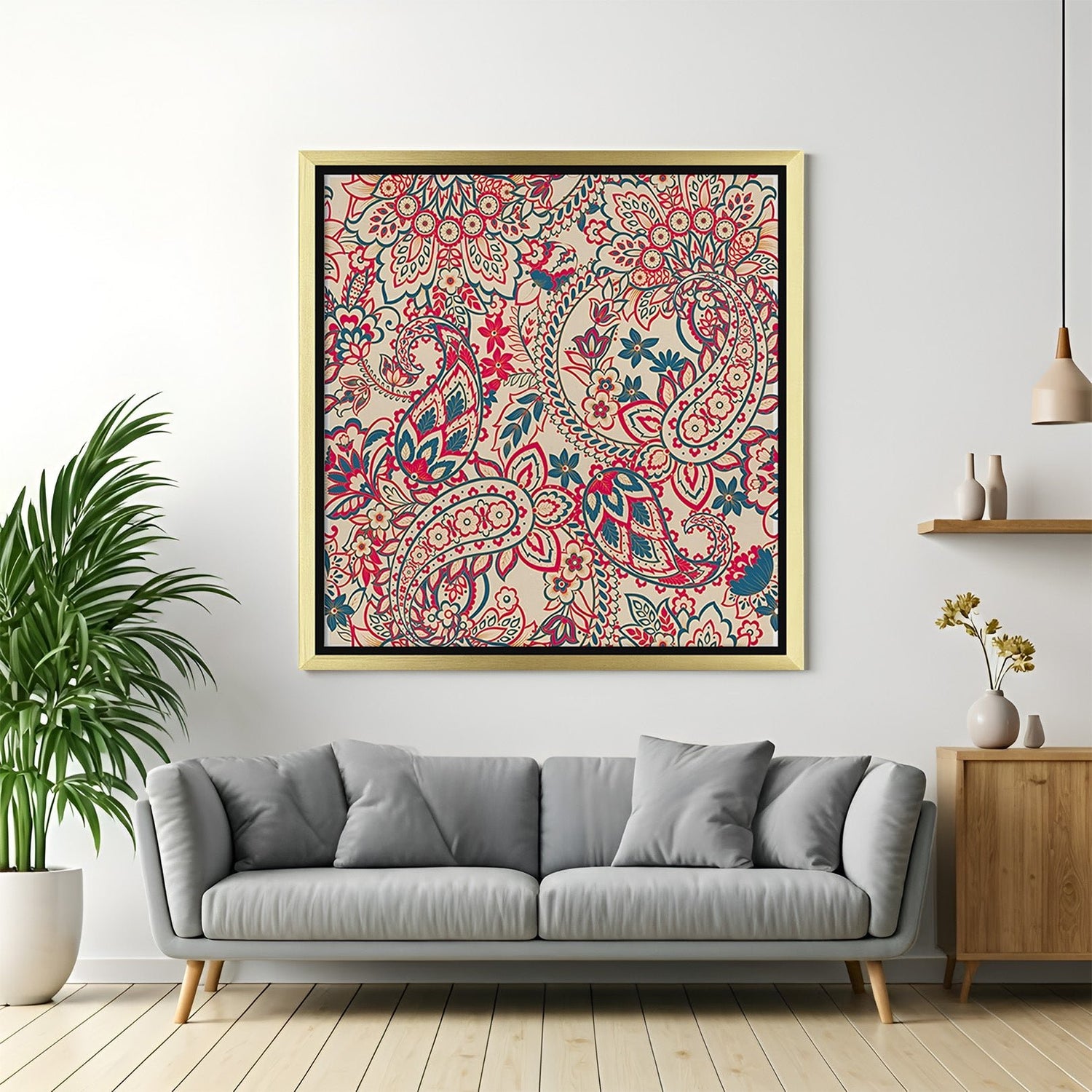 Golden floater Kalamkari canvas art with traditional motifs perfect for large Indian decor walls