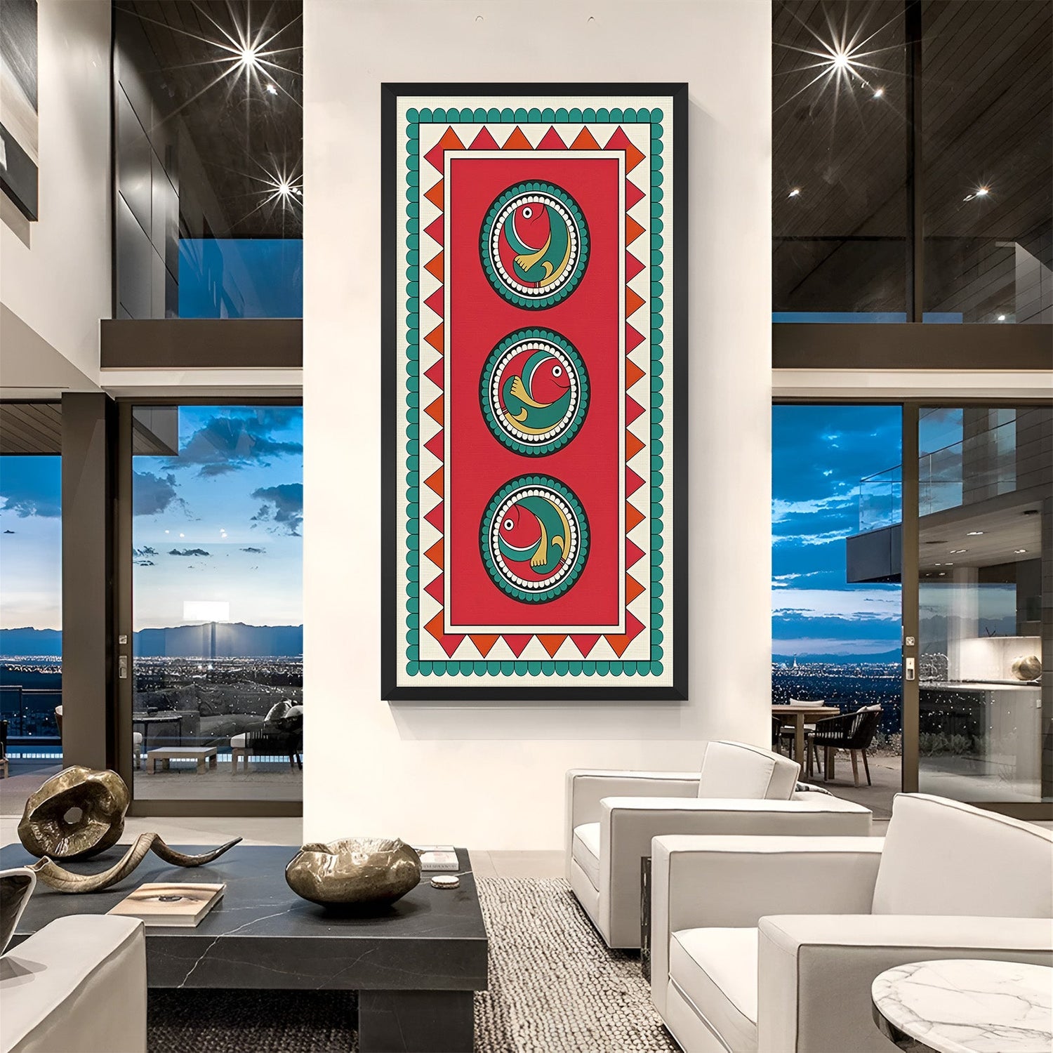 Kalighat art canvas in black floater frame with bold lines and Indian cultural theme for home or studio walls