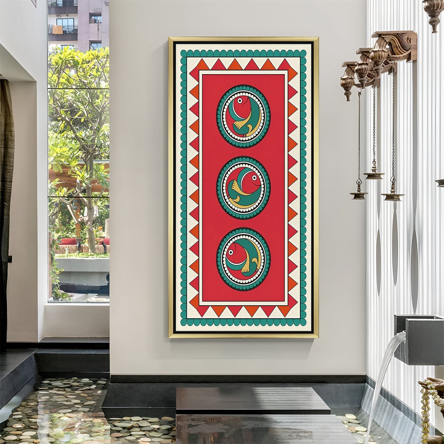 Kalighat art canvas in golden floater frame featuring detailed Indian painting for spiritual and cultural interiors