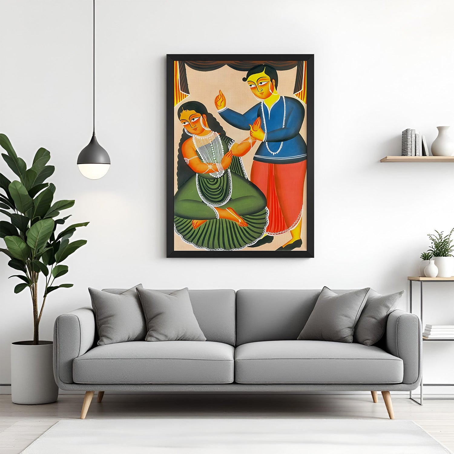 Kalighat style Indian canvas in black floater frame with traditional folk detailing for cultural home decoration