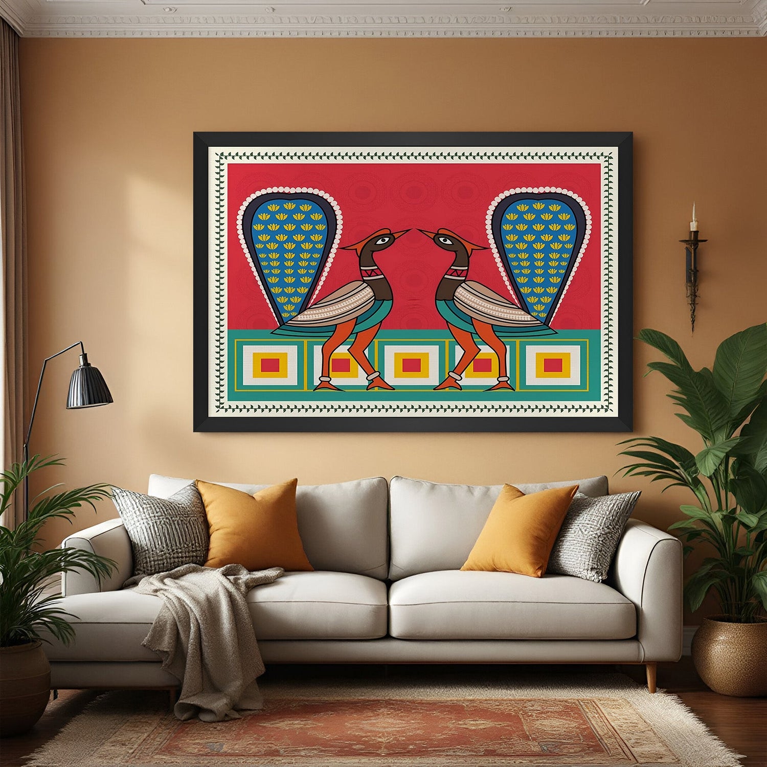 Black frame Kalighat canvas wall art – traditional Indian painting for heritage-style home and office decoration