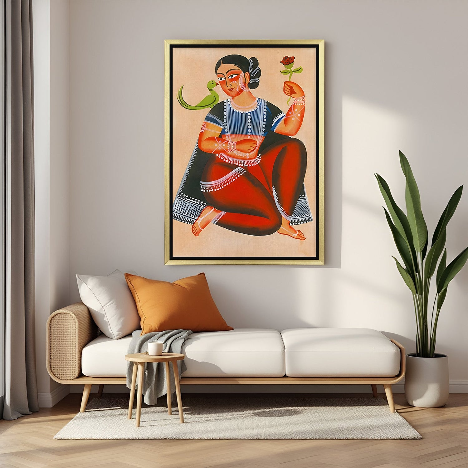 Kalighat canvas wall art painting in golden floater frame highlighting Indian cultural themes and expressive artistic appeal