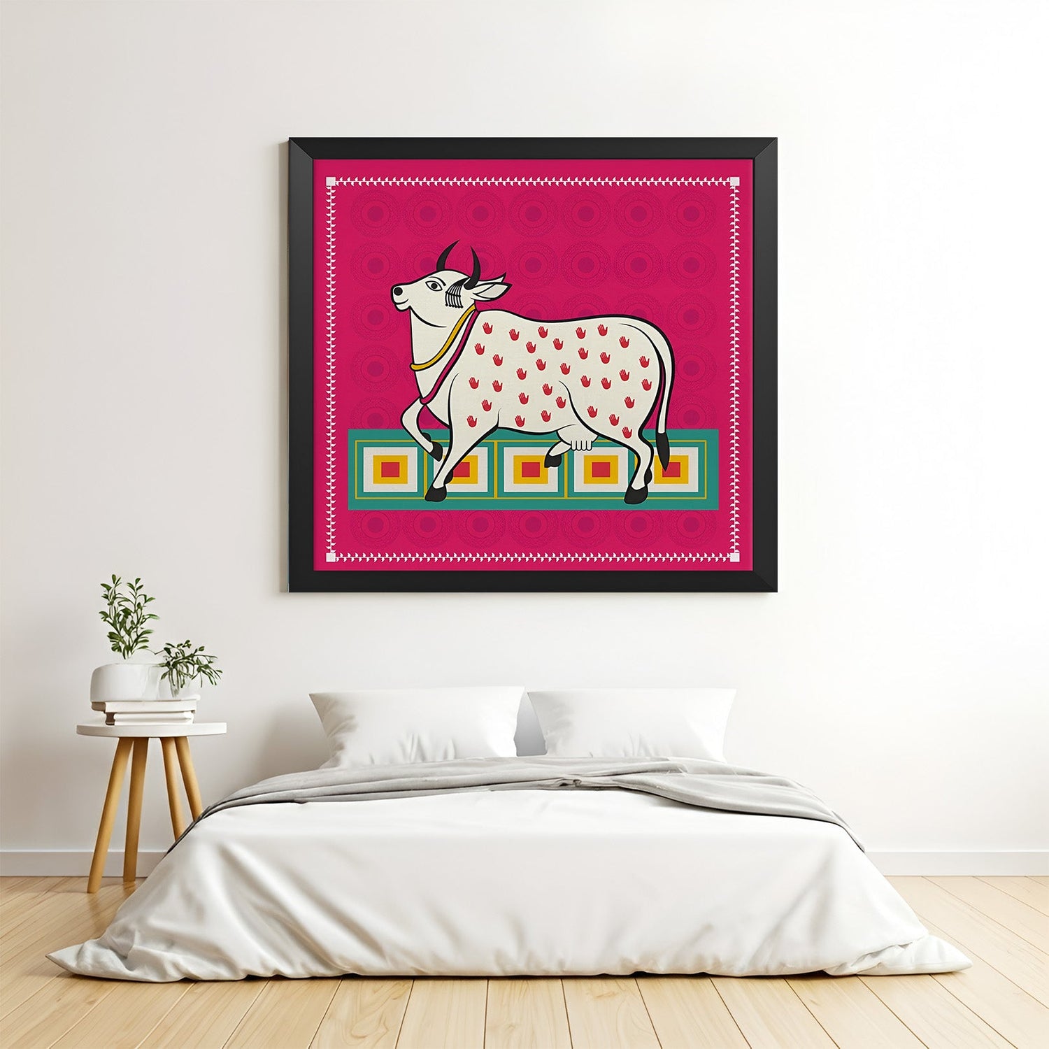 Black frame Kalighat style cow painting – Bengal canvas wall art for spiritual and cultural home settings