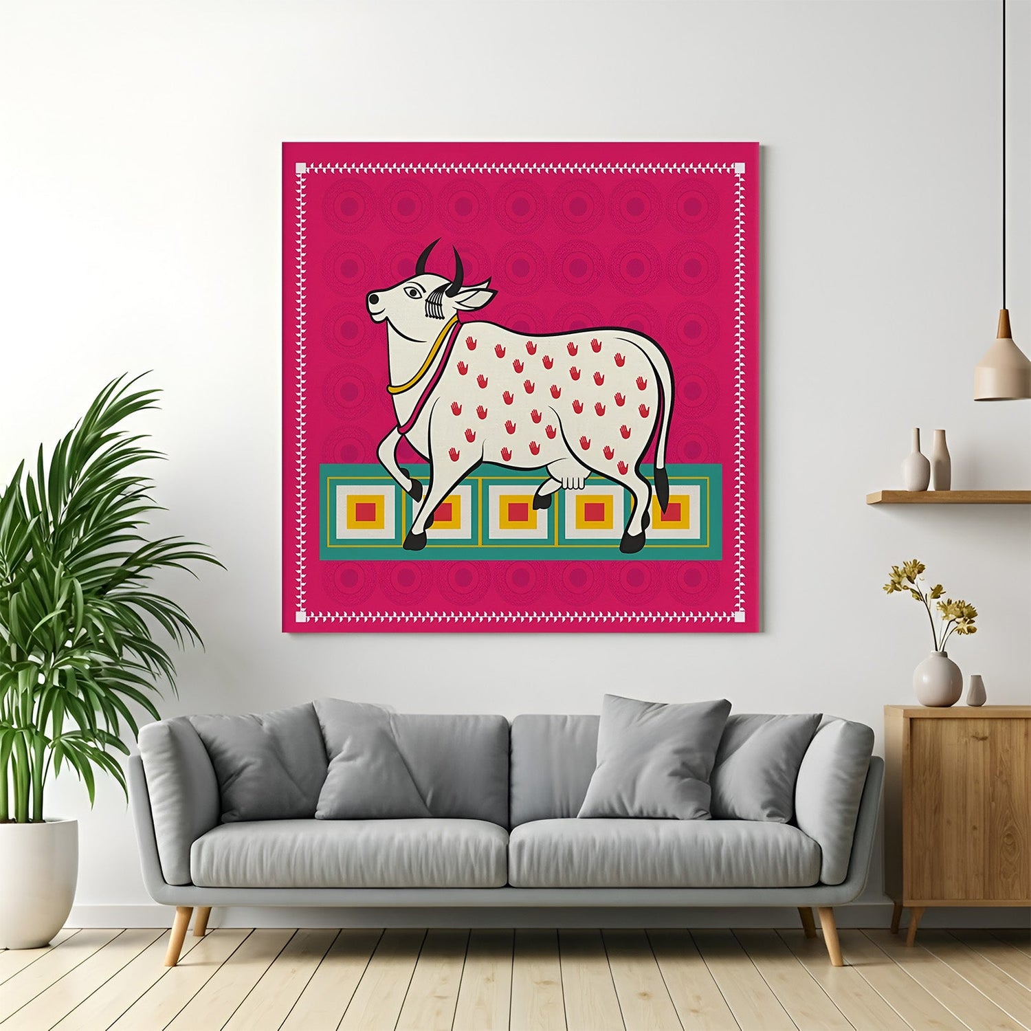 Kalighat cow canvas painting – traditional Bengal folk wall art for ethnic and devotional Indian interior decoration