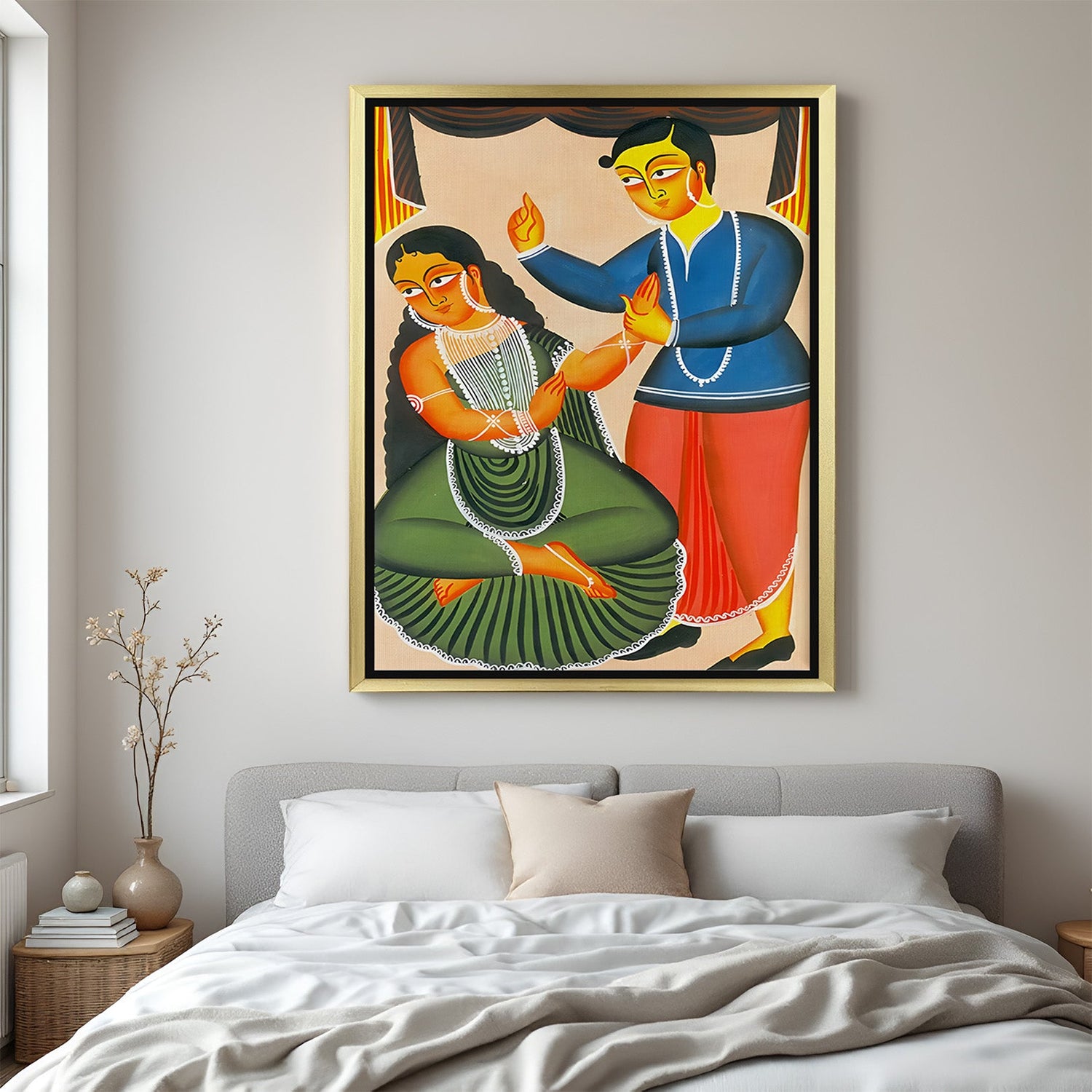 Golden frame Kalighat canvas painting with classic Indian folk expression and ethnic wall art elements