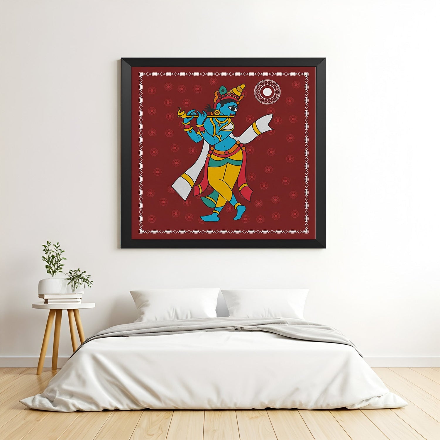Kalighat Krishna flute painting in black floater frame – Indian ethnic canvas art for pooja room and wall decor