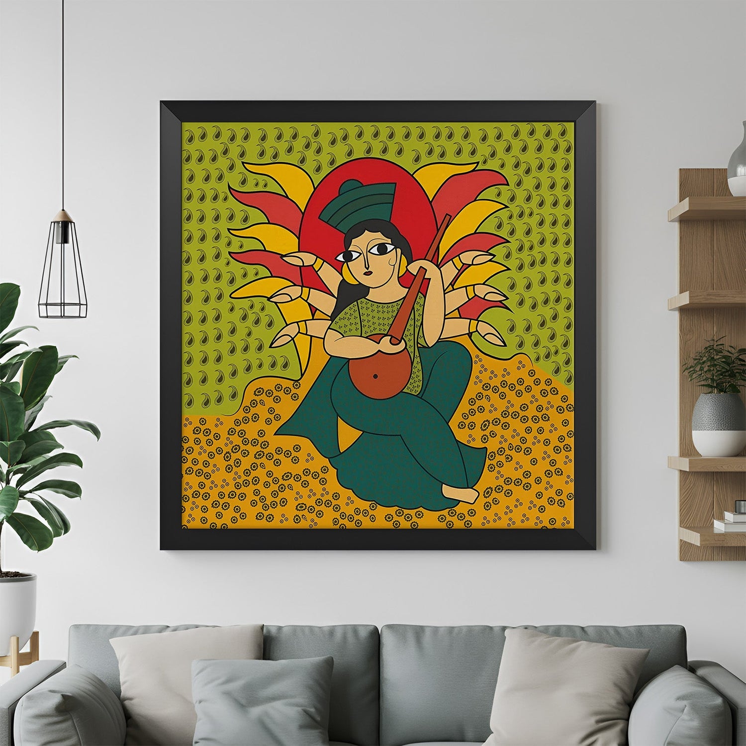 Black floater frame Kalighat Patachitra wall painting in traditional Indian folk art for cultural and ethnic interior decor
