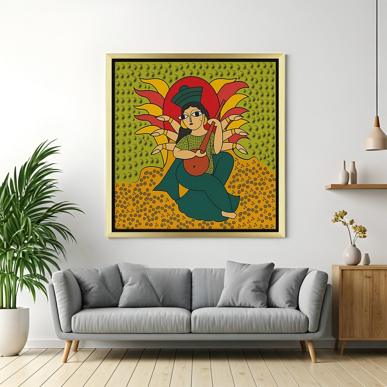 Golden floater frame Kalighat Patachitra canvas art inspired by Bengal and Odisha folk traditions for vibrant Indian wall decor